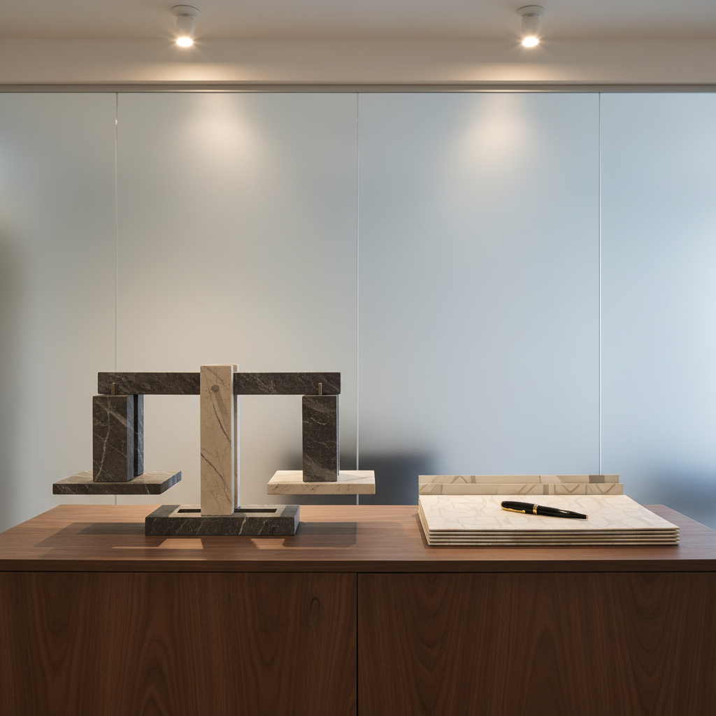 A hand-assembled set of polished stone balance scales positioned on an immaculate, matte-finished credenza. Beside the scales, a collection of subtle neutral-colored folders and a single elegant fountain pen rest in perfect alignment. The backdrop features a large, fogged glass wall panel, softening any background distractions. Overhead, adjustable recessed spotlighting casts gentle highlights and defined, purposeful shadows, emphasizing the symmetry and order of the scene. Captured from a direct, eye-level view with crisp depth of field, the composition exudes a sense of equilibrium, meticulousness, and authority. The photographic, corporate aesthetic reinforces the idea of balanced, strategic financial decision-making at the heart of fractional CFO services.