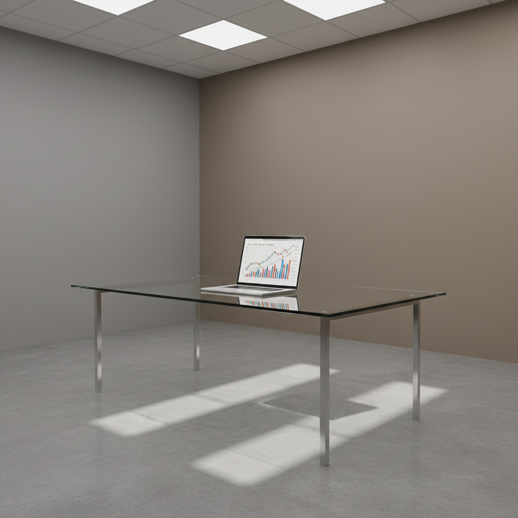 A clean, modern glass conference table with a single, open silver laptop displaying a detailed financial chart on its glare-free screen. The table sits atop smooth concrete flooring within a minimalist office space featuring neutral tones of soft gray and taupe. Subtle reflections play beneath the table from overhead LED panel lighting, providing sharp, even illumination without harsh shadows. The image is shot from an eye-level, slightly off-center perspective, following a rule-of-thirds composition that creates a sense of balance and openness. The mood is professional, focused, and quietly dynamic, evoking confidence in hands-on financial strategy. The photographic realism emphasizes clean lines, corporate structure, and a commitment to transparency in business outcomes.