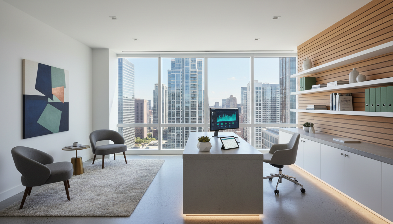 a modern, stylish fractional CFO office, bright and contemporary, consistent with the theme of the site, but not futuristic